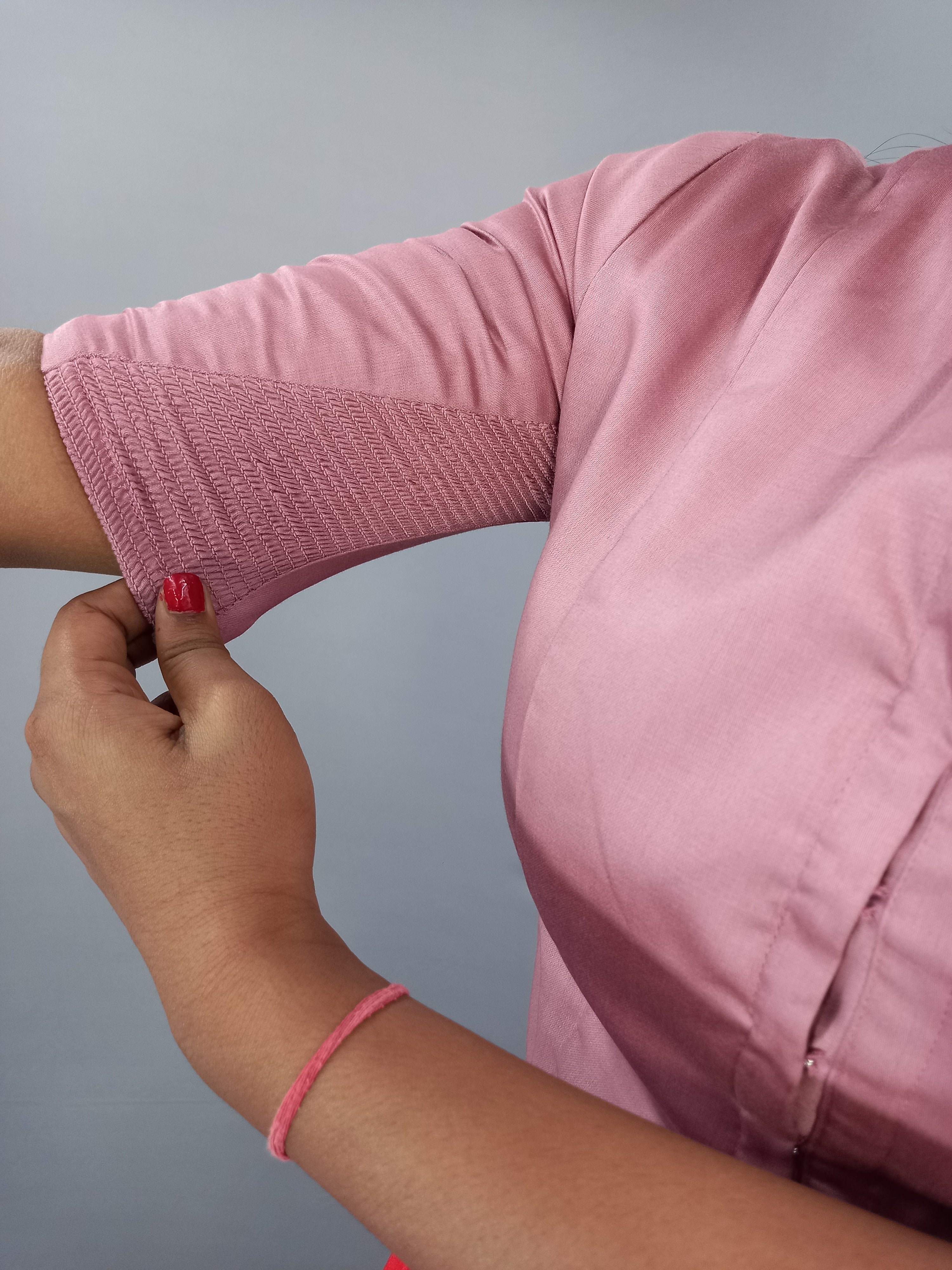 Elbow Sleeves Cotton Saree Blouse in Casual Solid Pink Long