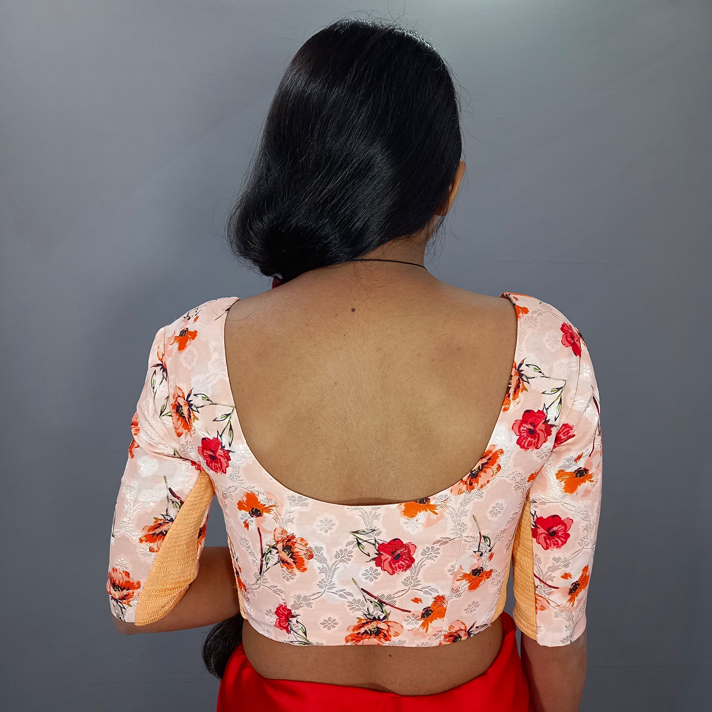 Elbow Sleeves Cotton Saree Blouse in Cream Floral Print