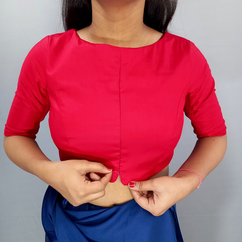 Elbow Sleeves Cotton Saree Blouse in Red