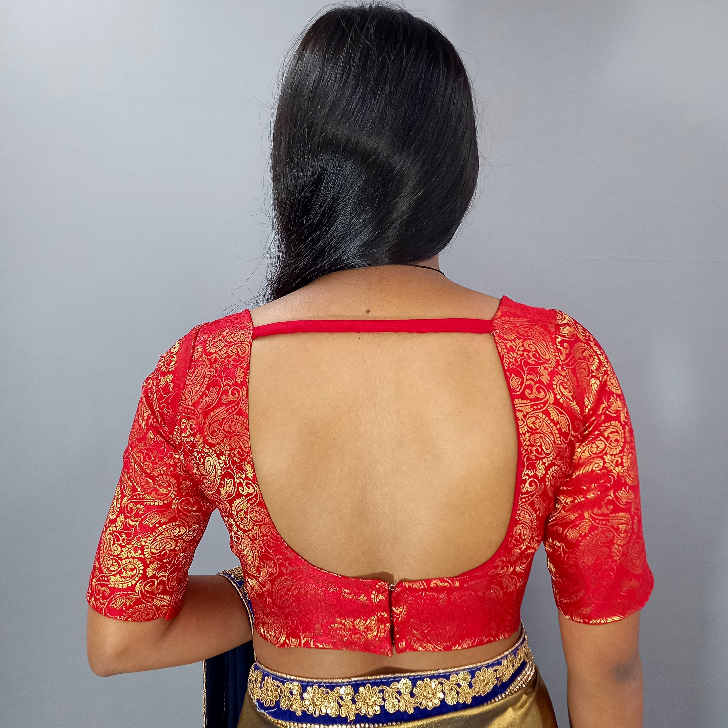 Elbow Sleeves Saree Blouse in Berry Red Vine Mesh Brocade