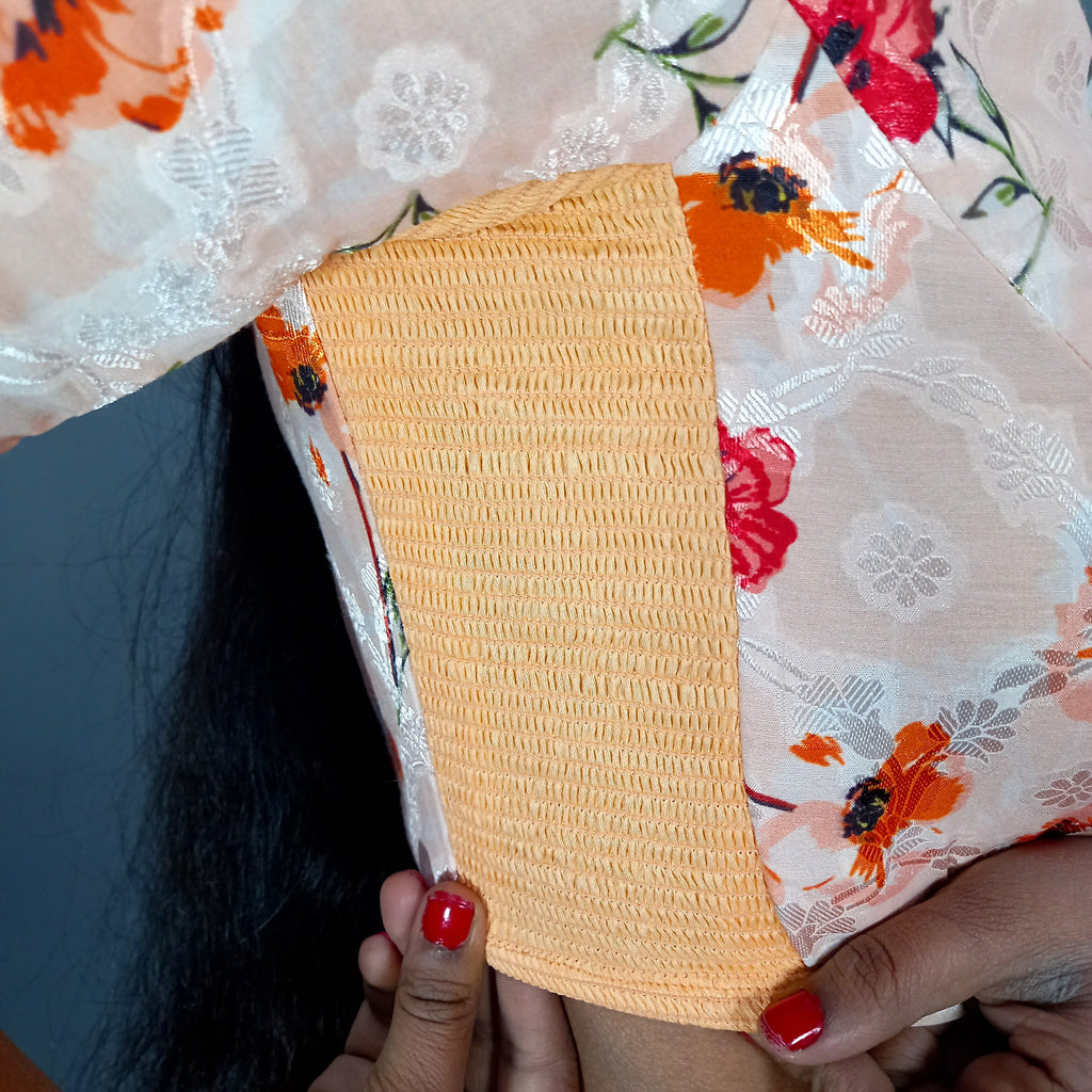 Regular Sleeves Cotton Saree Blouse in Cream Floral Print Fabric