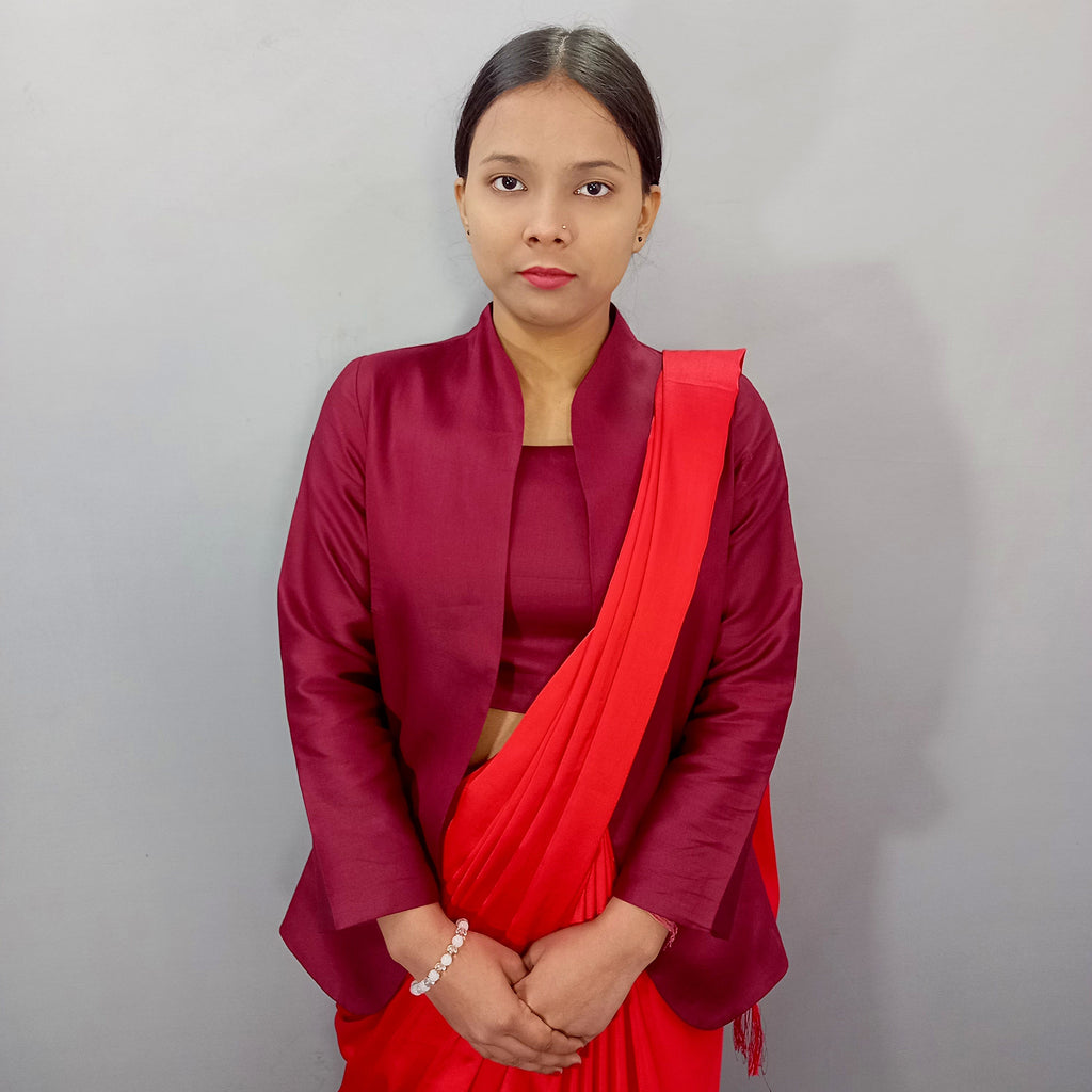 Women Plain Cotton Crop Top With Jacket Set in Maroon