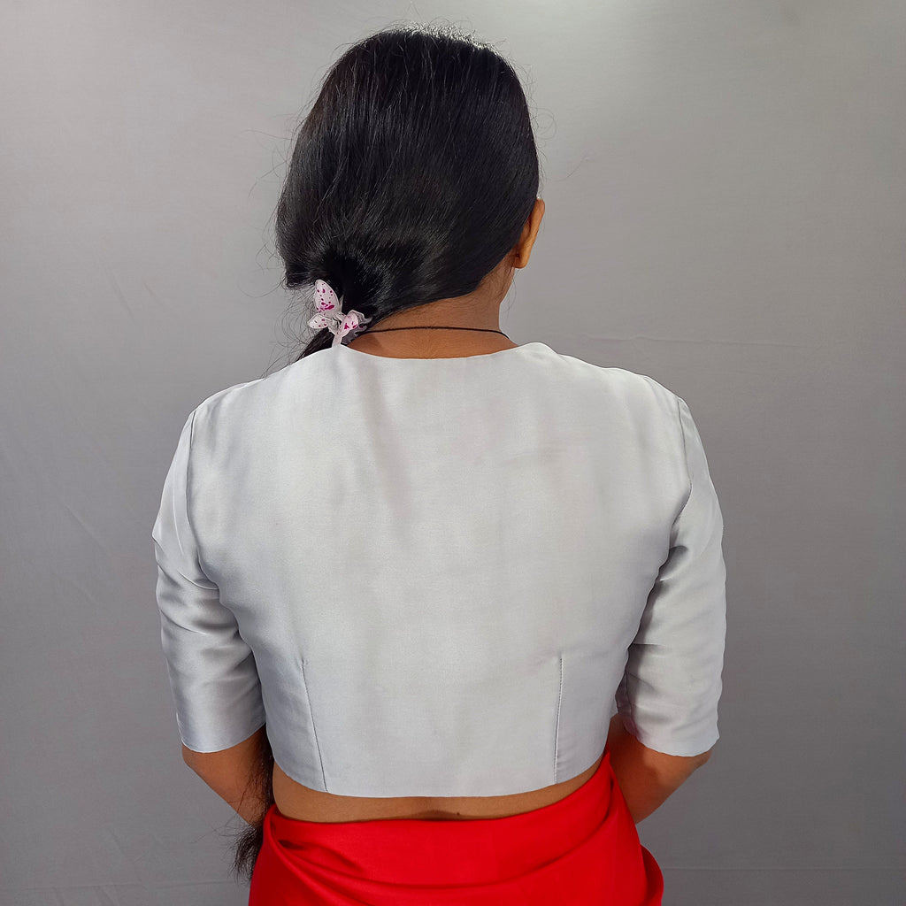 Elbow Sleeves Gold Sequined Saree Blouse with V-Neck