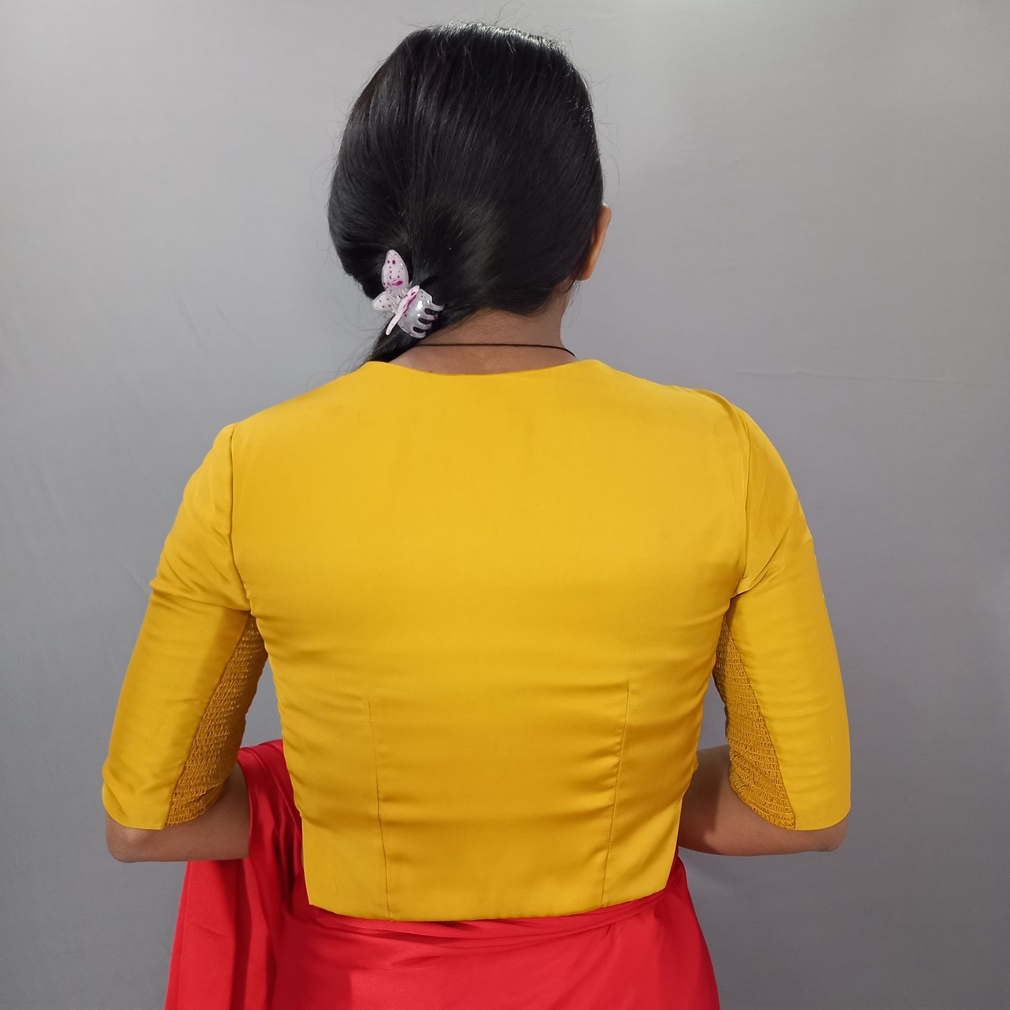 Silk Elbow Sleeves Saree Blouse in Mustard
