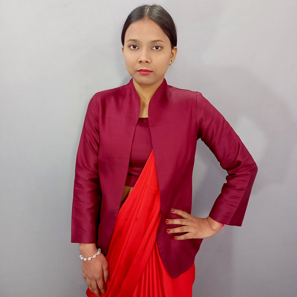 Women Plain Cotton Crop Top With Jacket Set in Maroon
