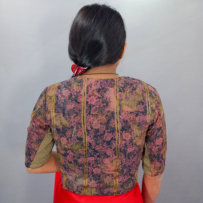Long V Neck Elbow Sleeves Saree Blouse in Floral