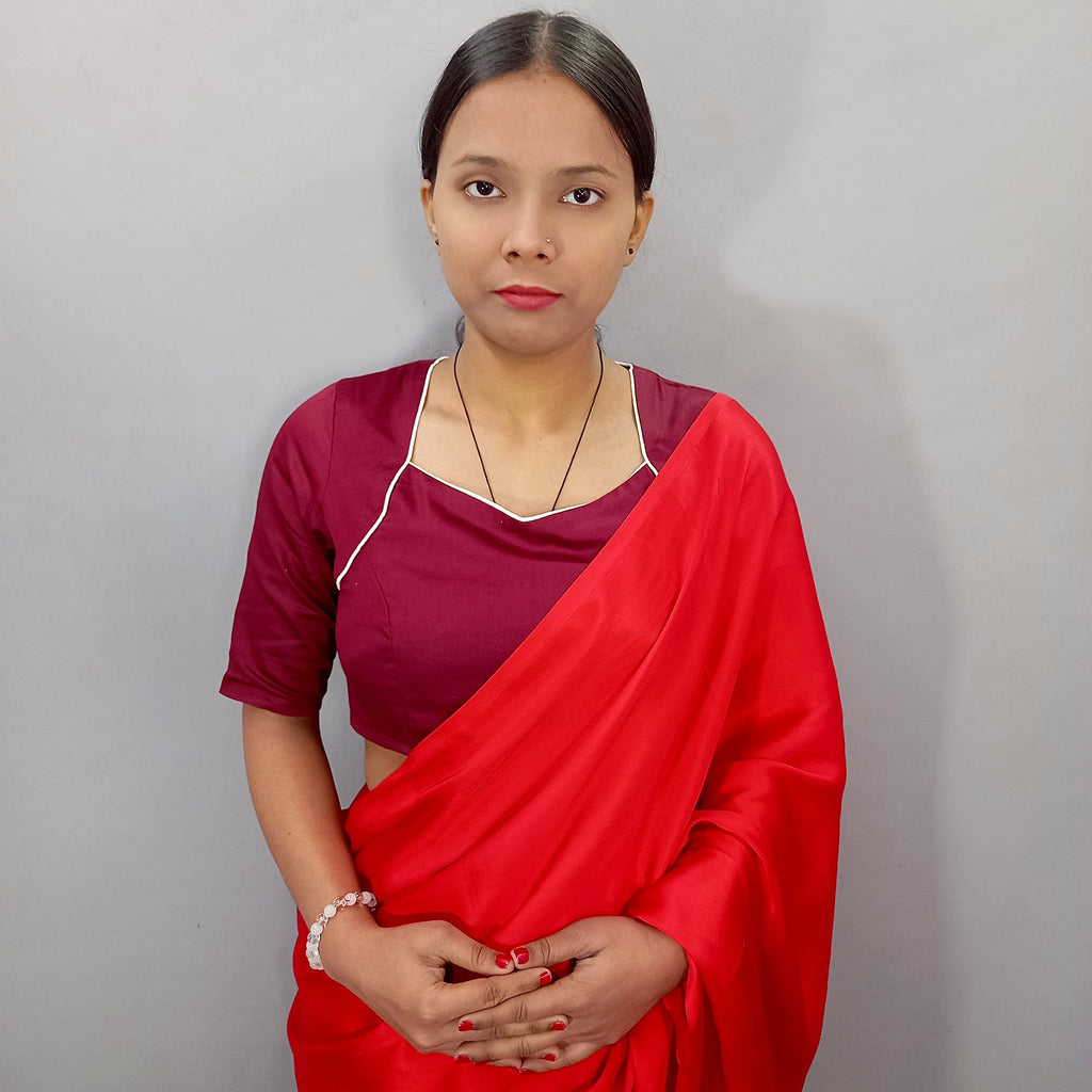 Elbow Sleeves Cotton Saree Blouse in Maroon