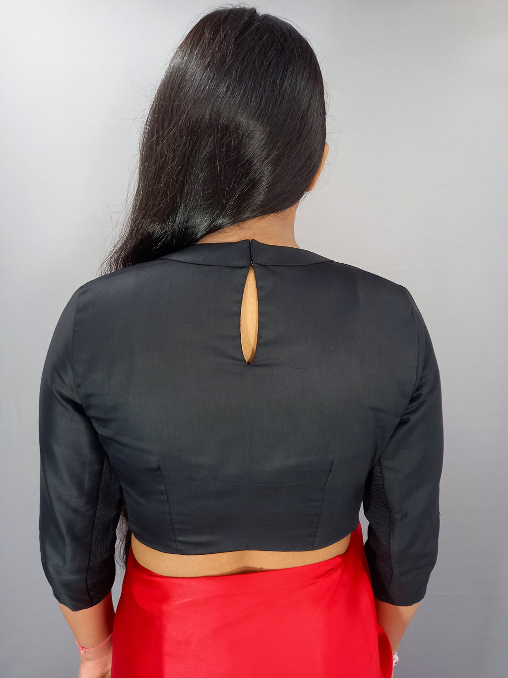 Three Quarter Sleeves Cotton Saree Blouse in Black