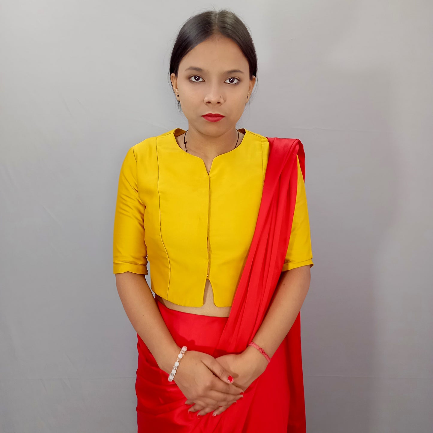 Silk Elbow Sleeves Saree Blouse in Mustard