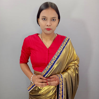 V Neck Elbow Sleeves Saree Blouse in Red