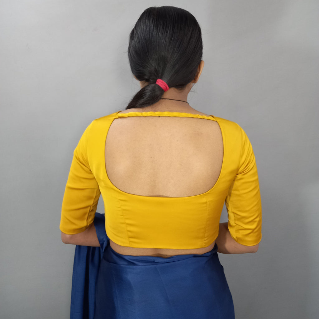 Square Neck Mustard Plain Silk Saree Blouse