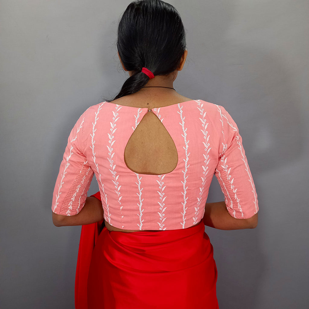 Amira Boat Neck Pink Cotton Saree Blouse with Beautiful Floral Embroidery