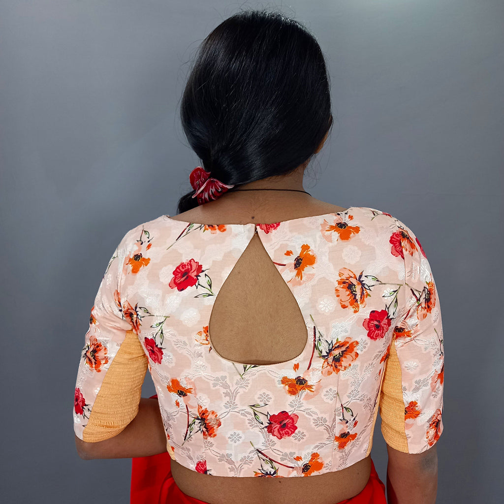 Regular Sleeves Cotton Saree Blouse in Cream Floral Print Fabric