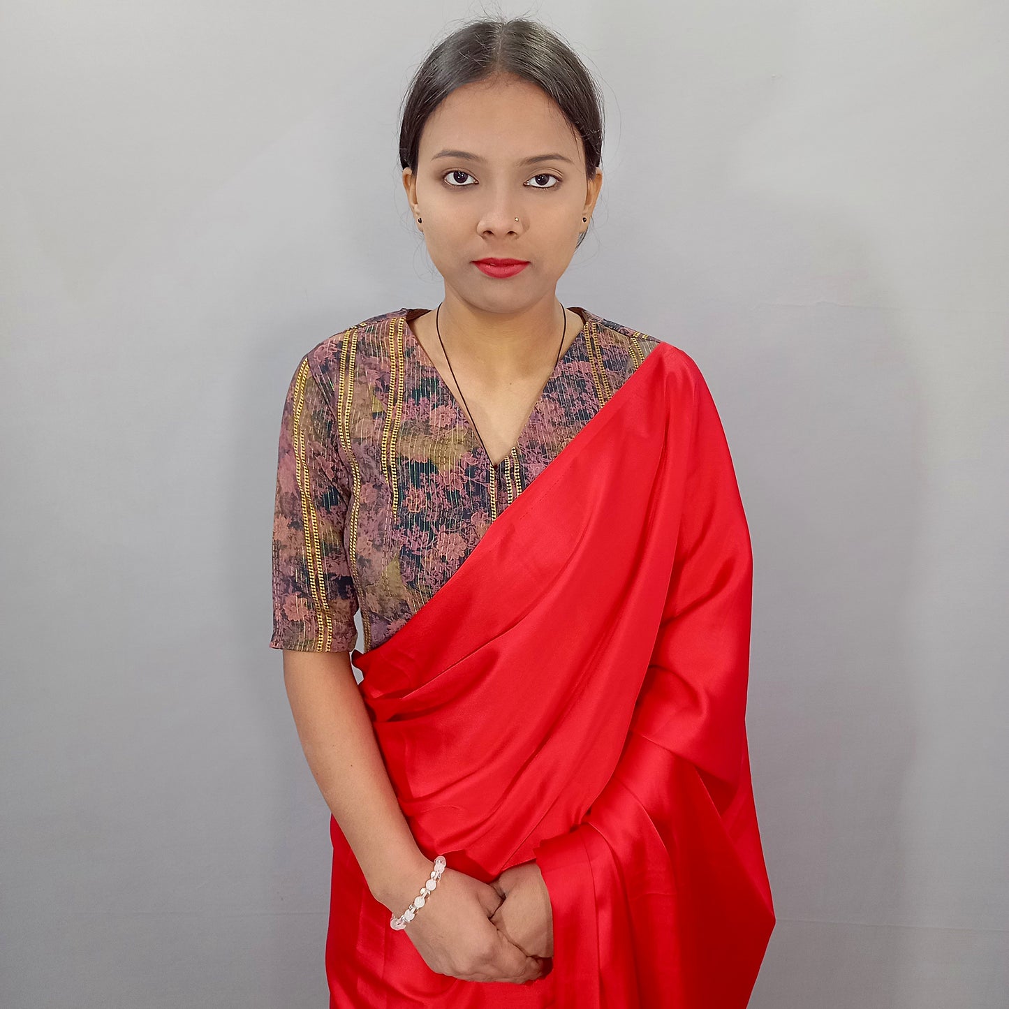 Long V Neck Elbow Sleeves Saree Blouse in Floral
