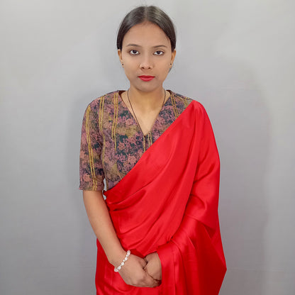 Long V Neck Elbow Sleeves Saree Blouse in Floral