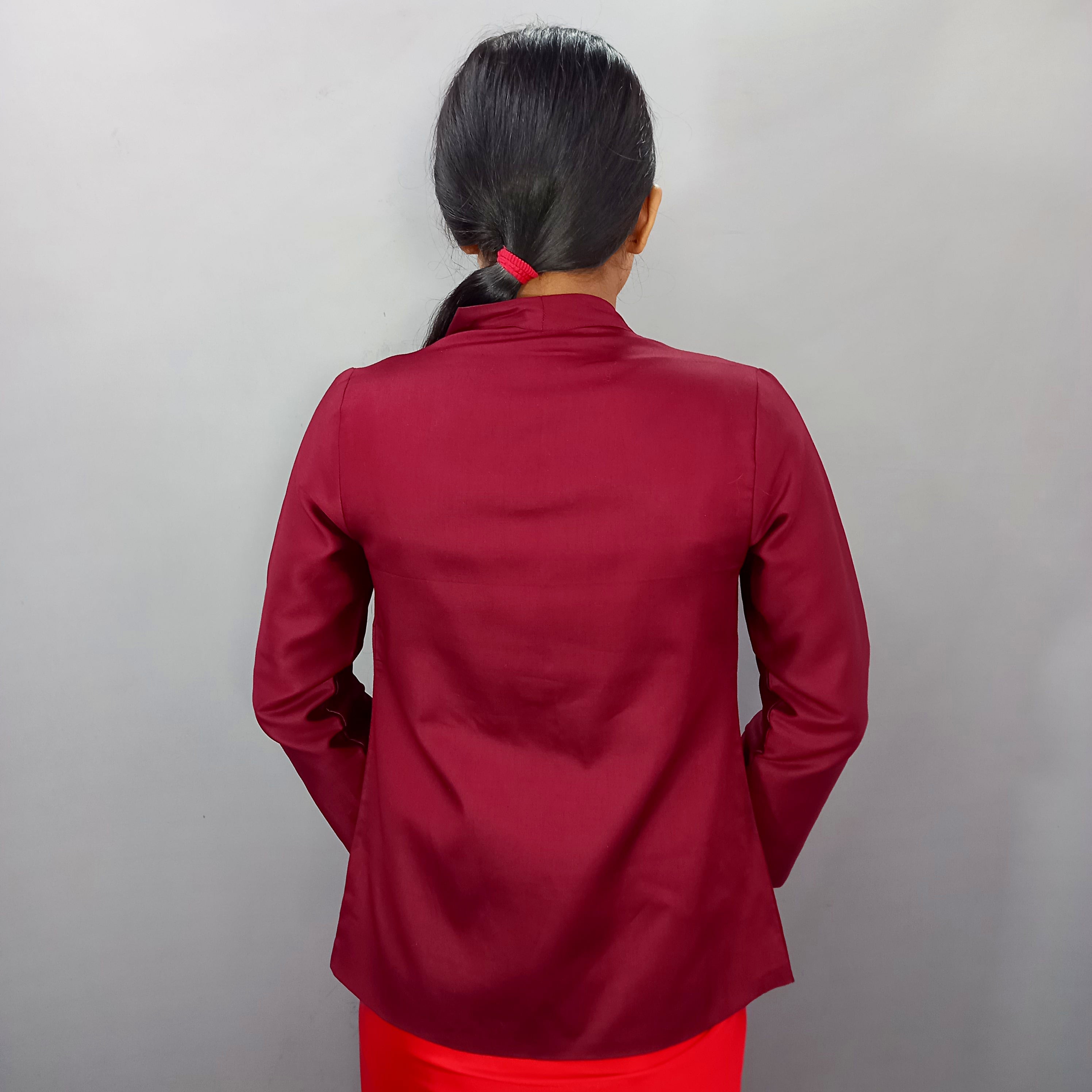Women Plain Cotton Crop Top With Jacket Set in Maroon