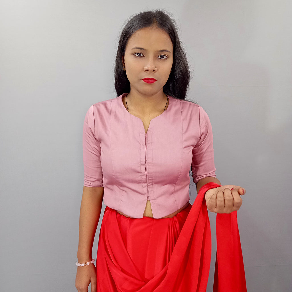 Elbow Sleeves Cotton Saree Blouse in Casual Solid Pink Long