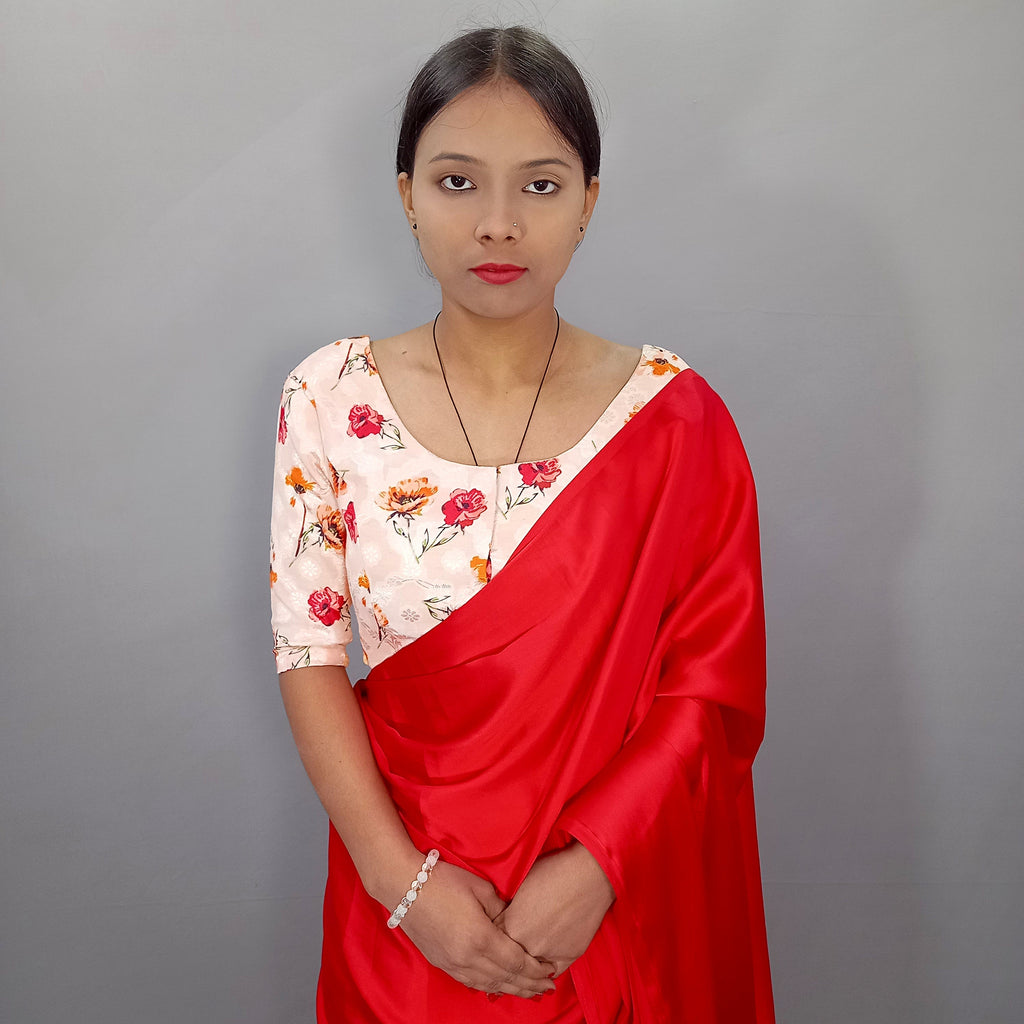 Elbow Sleeves Cotton Saree Blouse in Cream Floral Print