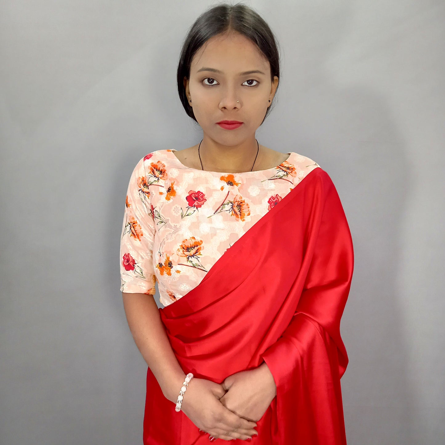 Boat Neck Elbow Sleeves Saree Blouse in Floral