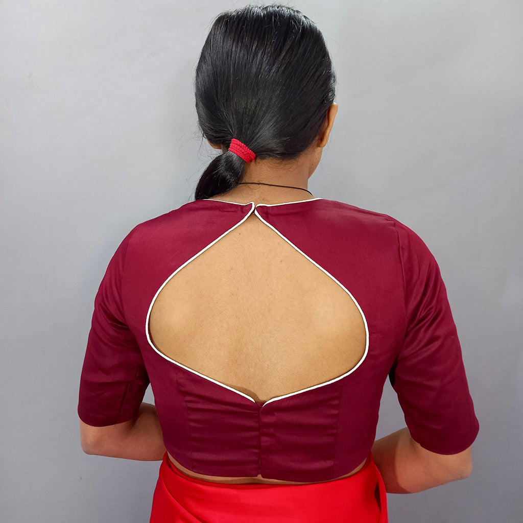 Elbow Sleeves Cotton Saree Blouse in Maroon