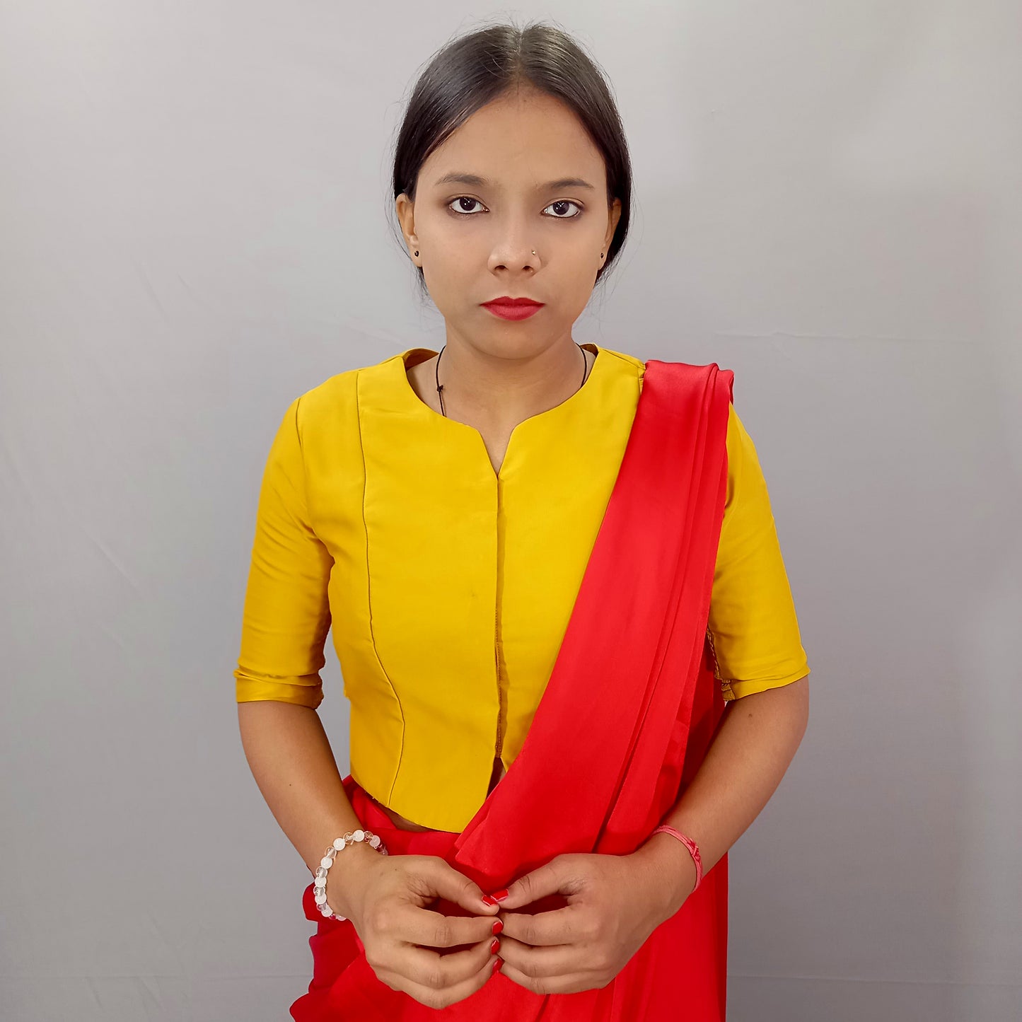 Silk Elbow Sleeves Saree Blouse in Mustard