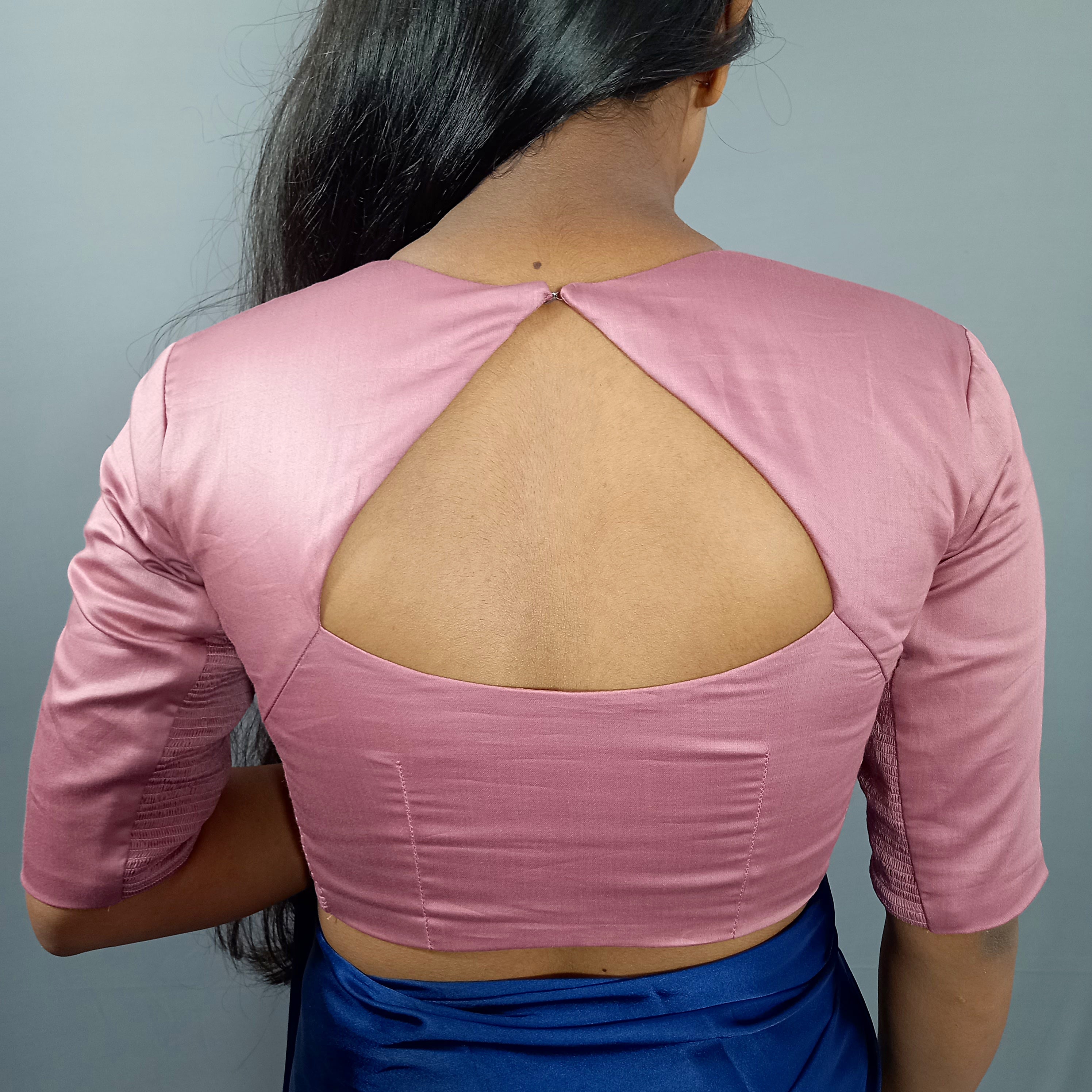 Elbow Sleeves Cotton Saree Blouse in Solid Casual Pink