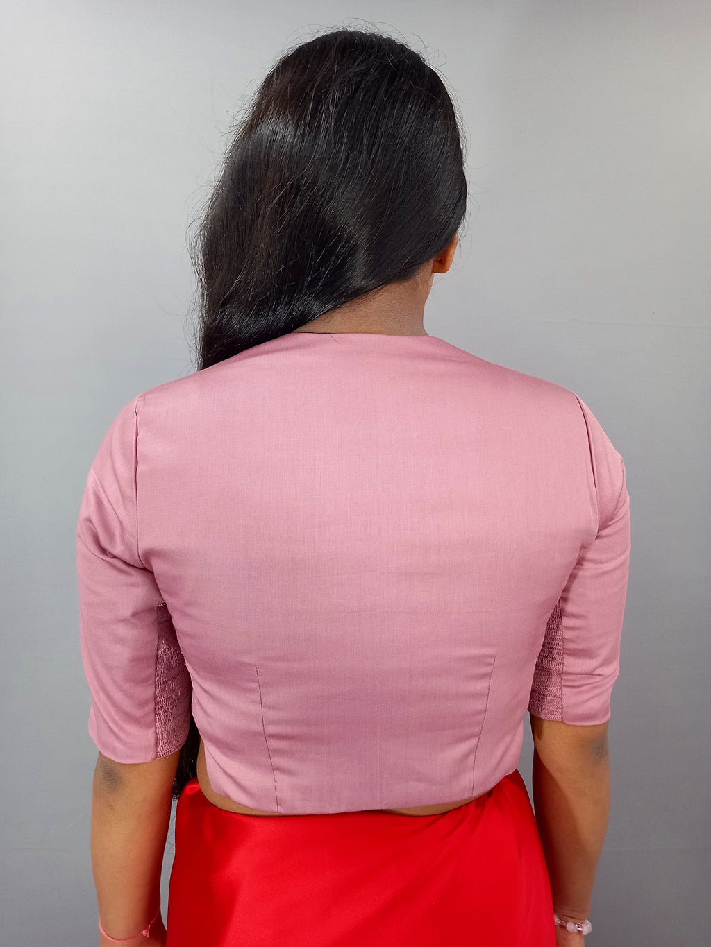 Elbow Sleeves Cotton Saree Blouse in Casual Solid Pink Long