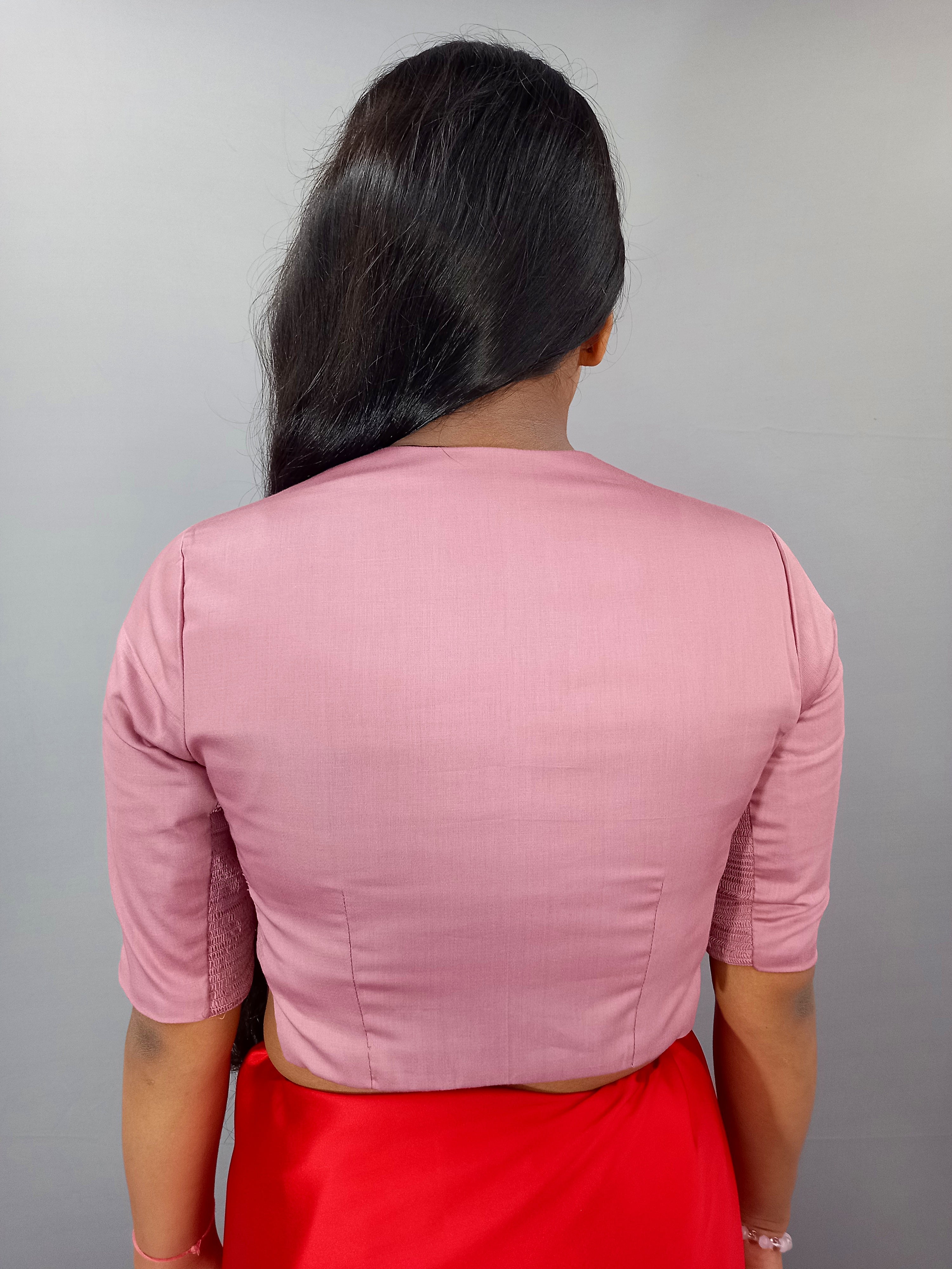 Elbow Sleeves Cotton Saree Blouse in Casual Solid Pink Long