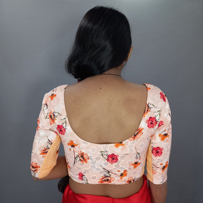 U Neck Elbow Sleeves Saree Blouse in Cream