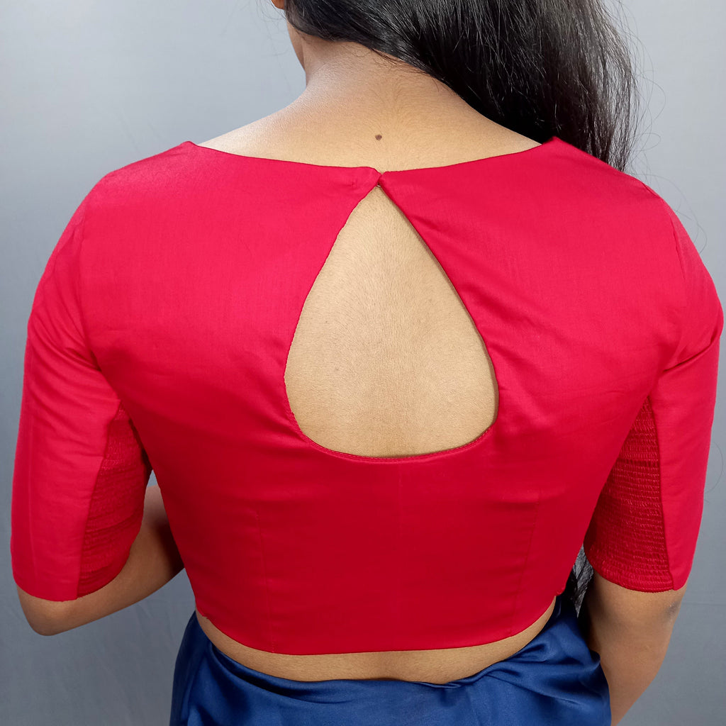 Elbow Sleeves Cotton Saree Blouse in Red
