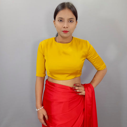 Full Neck Elbow Sleeves Saree Blouse in Mustard