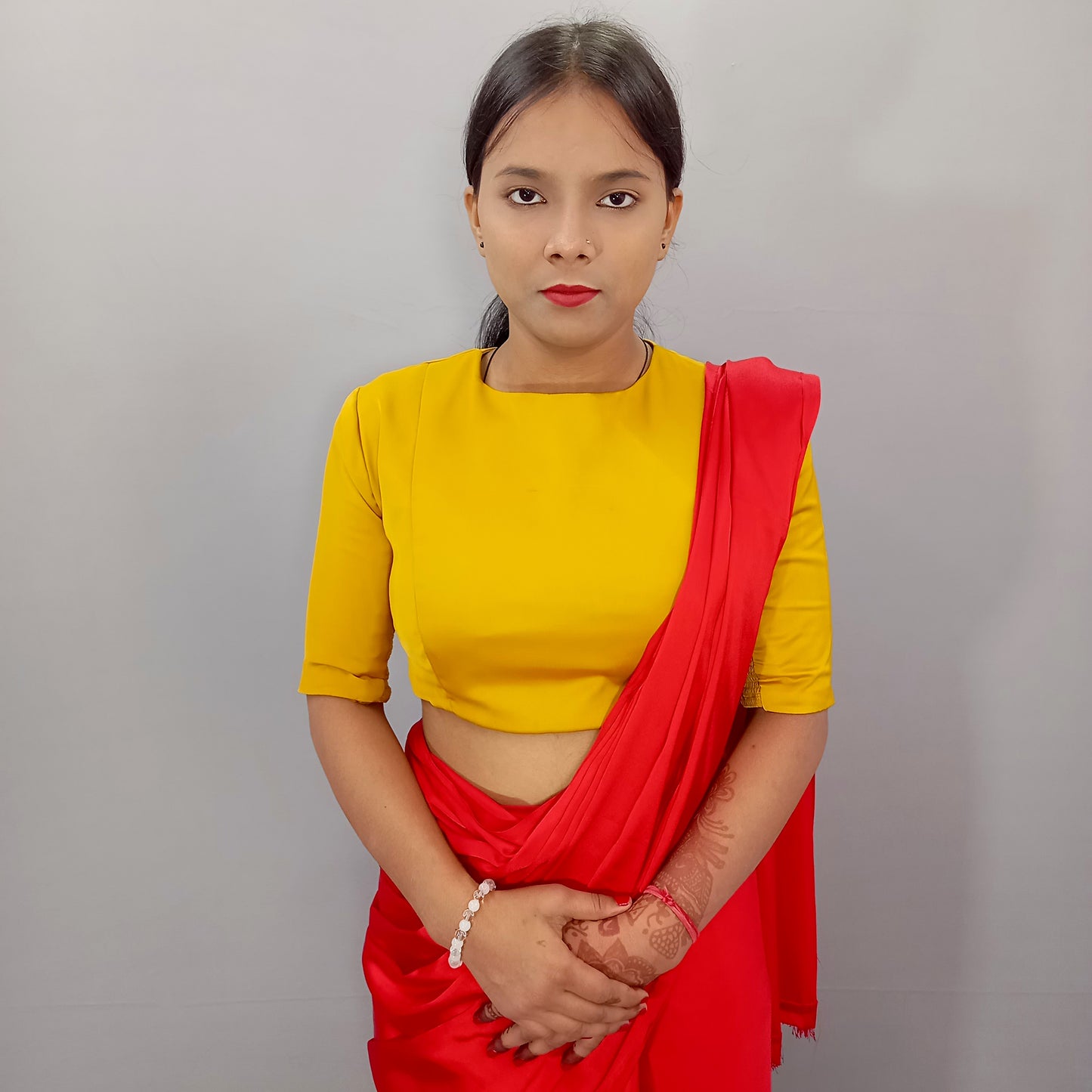 Full Neck Elbow Sleeves Saree Blouse in Mustard