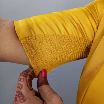 Full Neck Elbow Sleeves Saree Blouse in Mustard