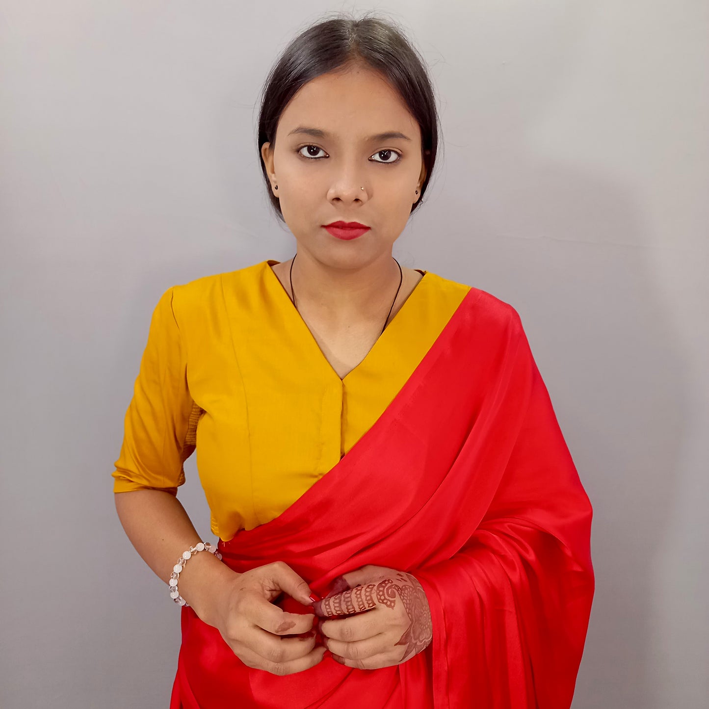 V Neck Elbow Sleeves Saree Blouse in Cream