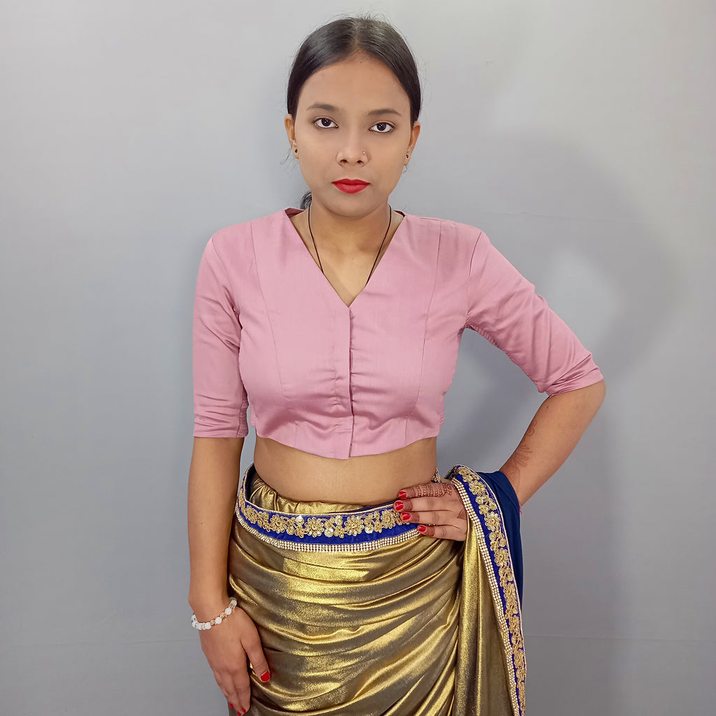 Malika | V Neck Casual Solid Pink Cotton Saree Blouse