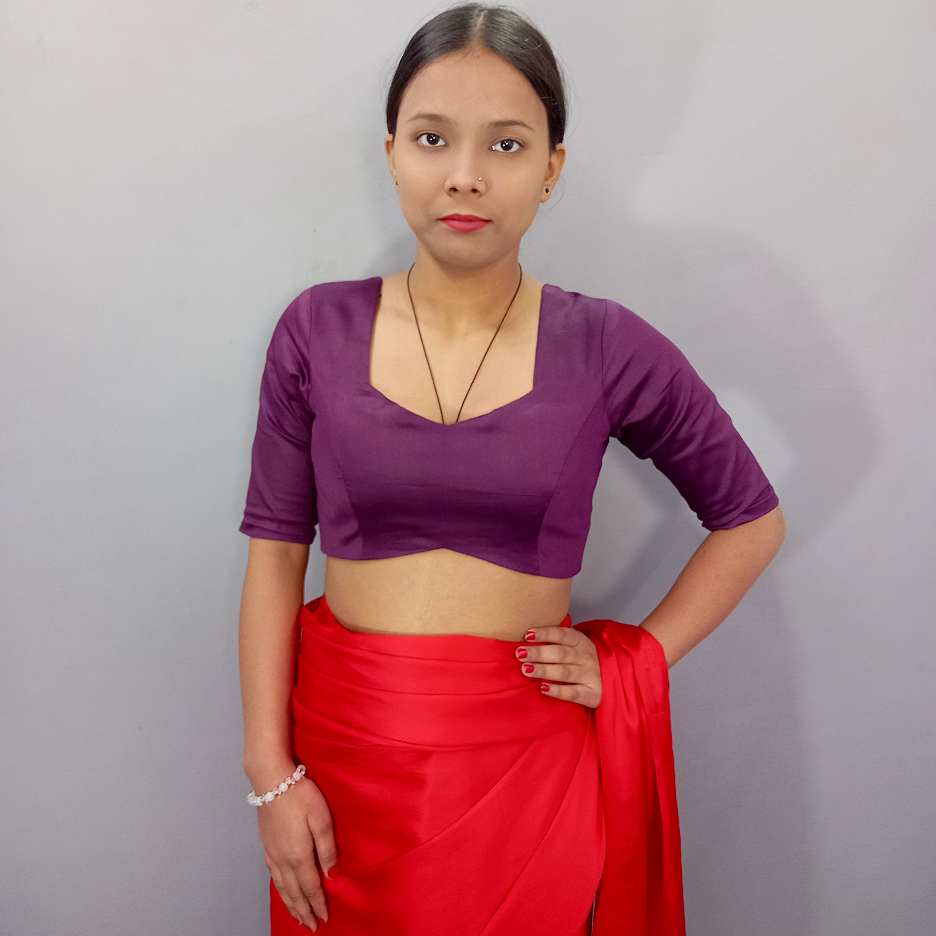 Square Neck Elbow Sleeves Saree Blouse in Purple