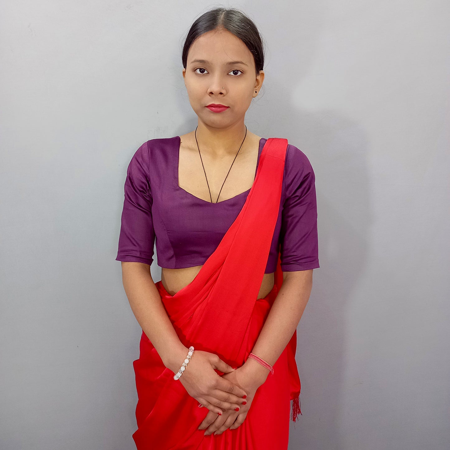 Square Neck Elbow Sleeves Saree Blouse in Purple