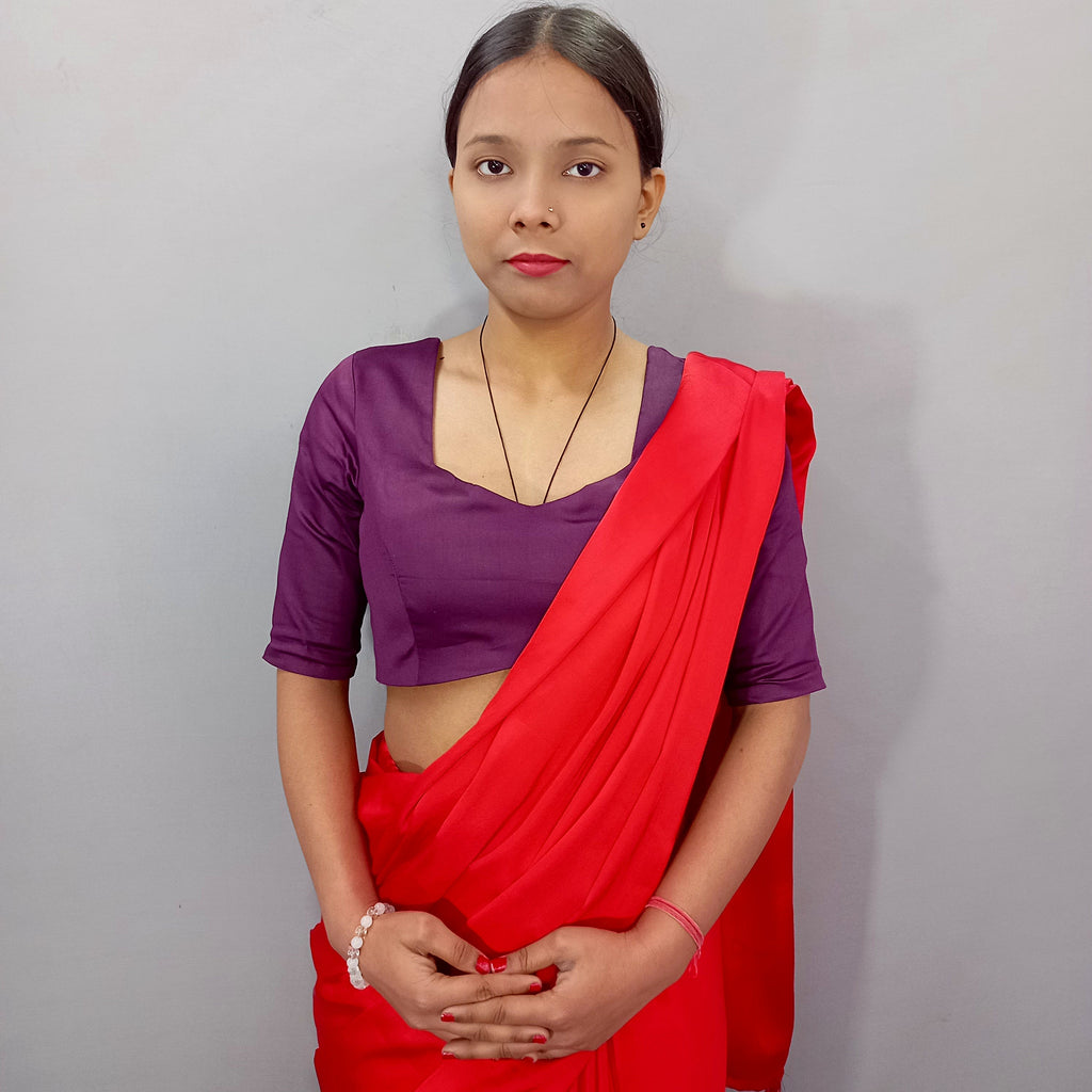 Square Neck Elbow Sleeves Saree Blouse in Purple