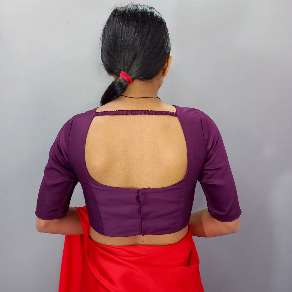 Square Neck Elbow Sleeves Saree Blouse in Purple