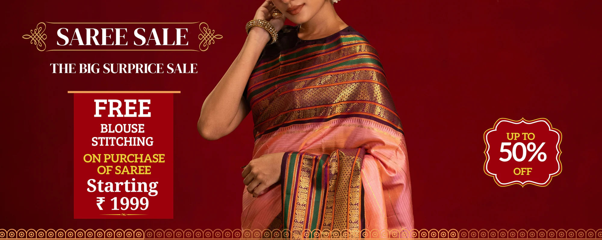 saree sale banner with free blouse stitching and up to 50% off offer