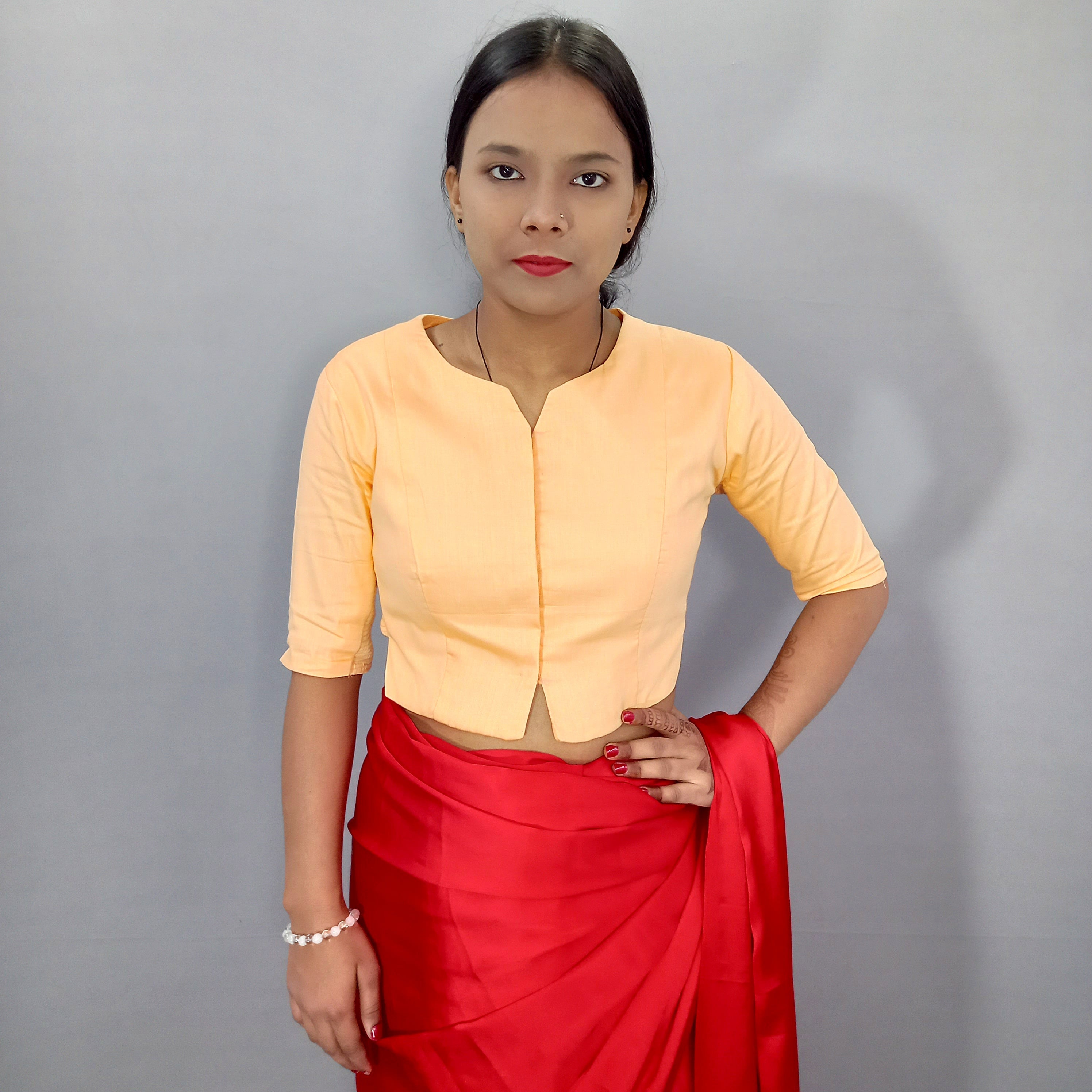 Elbow Sleeves Saree Blouse in Light Orange