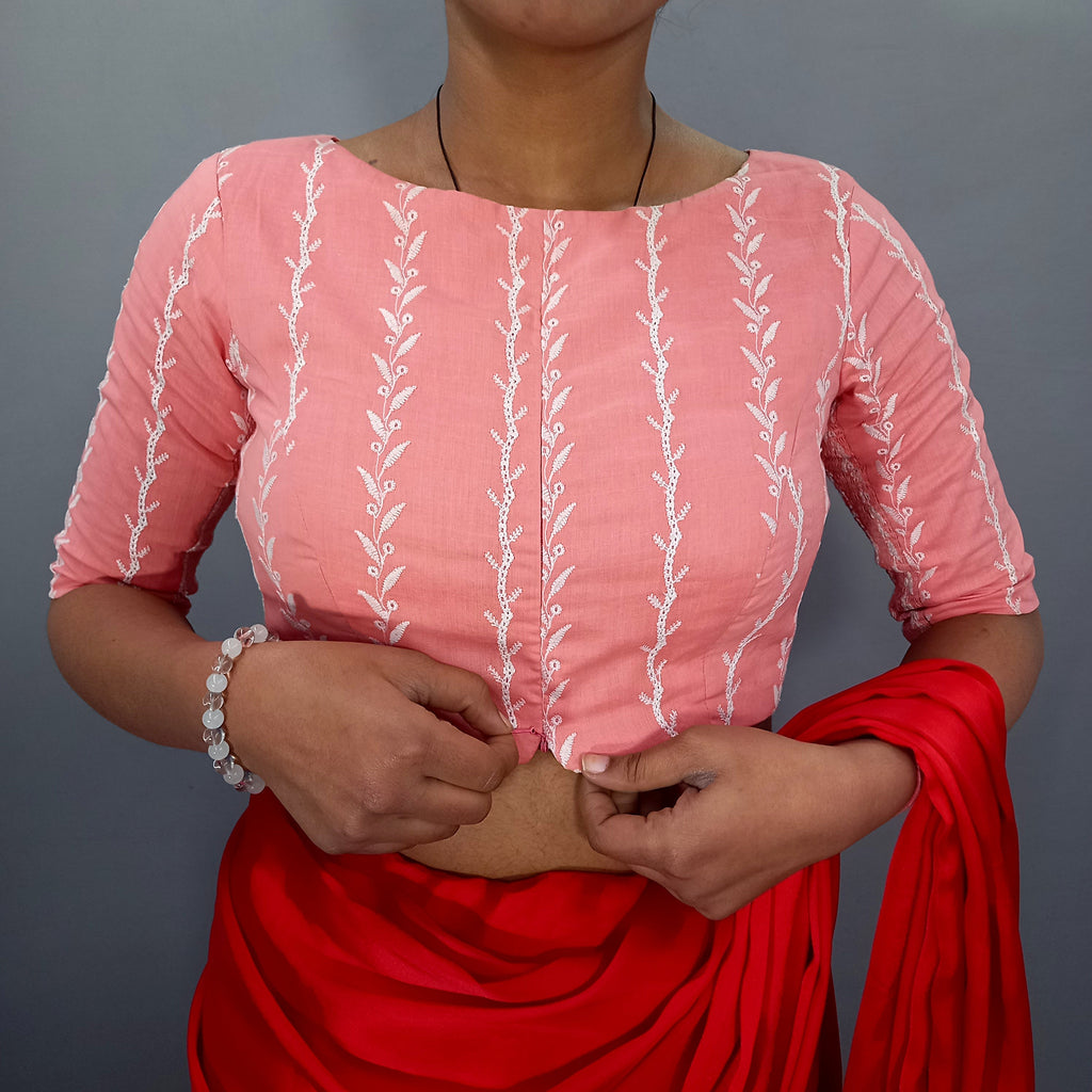 Boat Neck Pink Cotton Saree Blouse with Beautiful Floral Embroidery - StitchMe