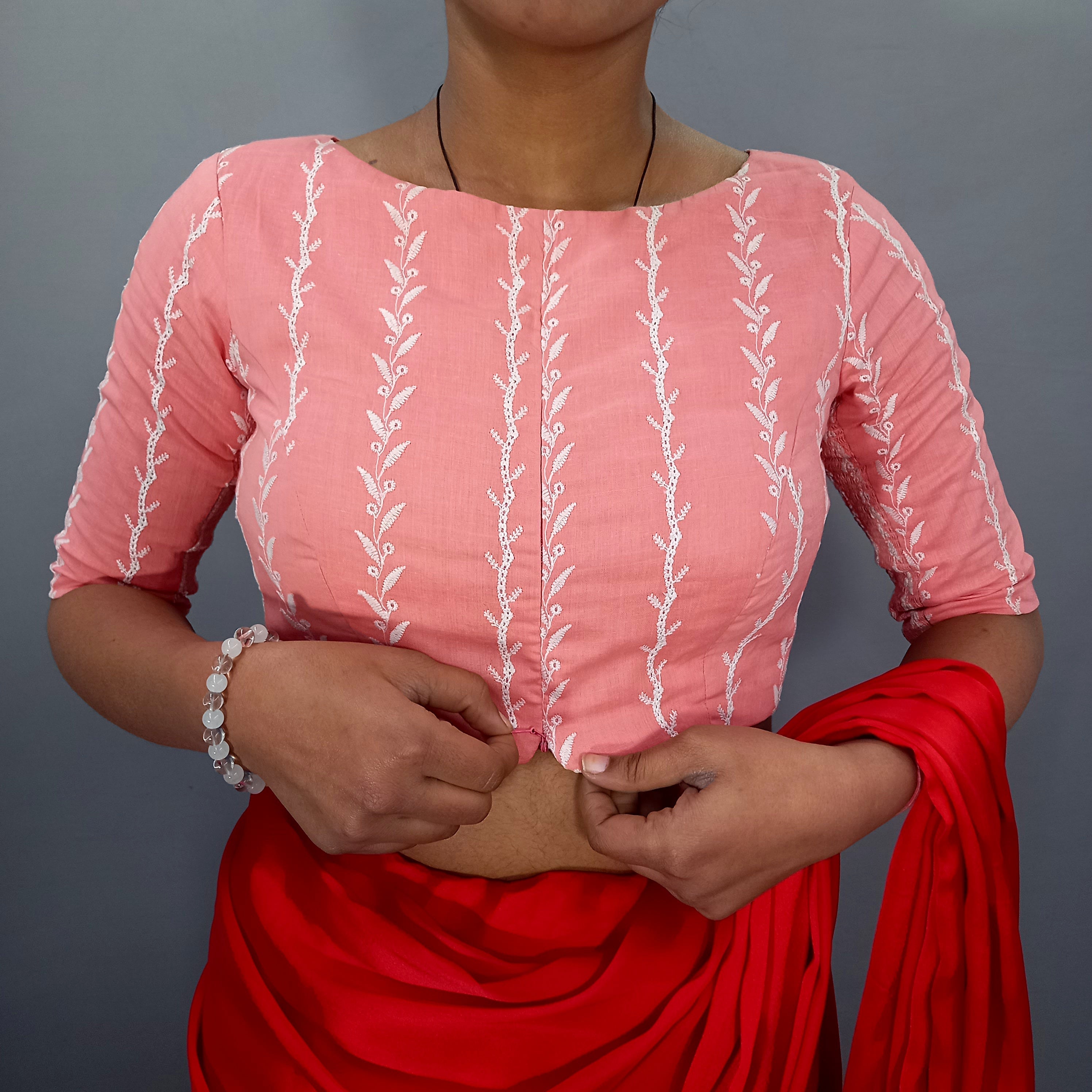 Boat Neck Pink Cotton Saree Blouse with Beautiful Floral Embroidery - StitchMe