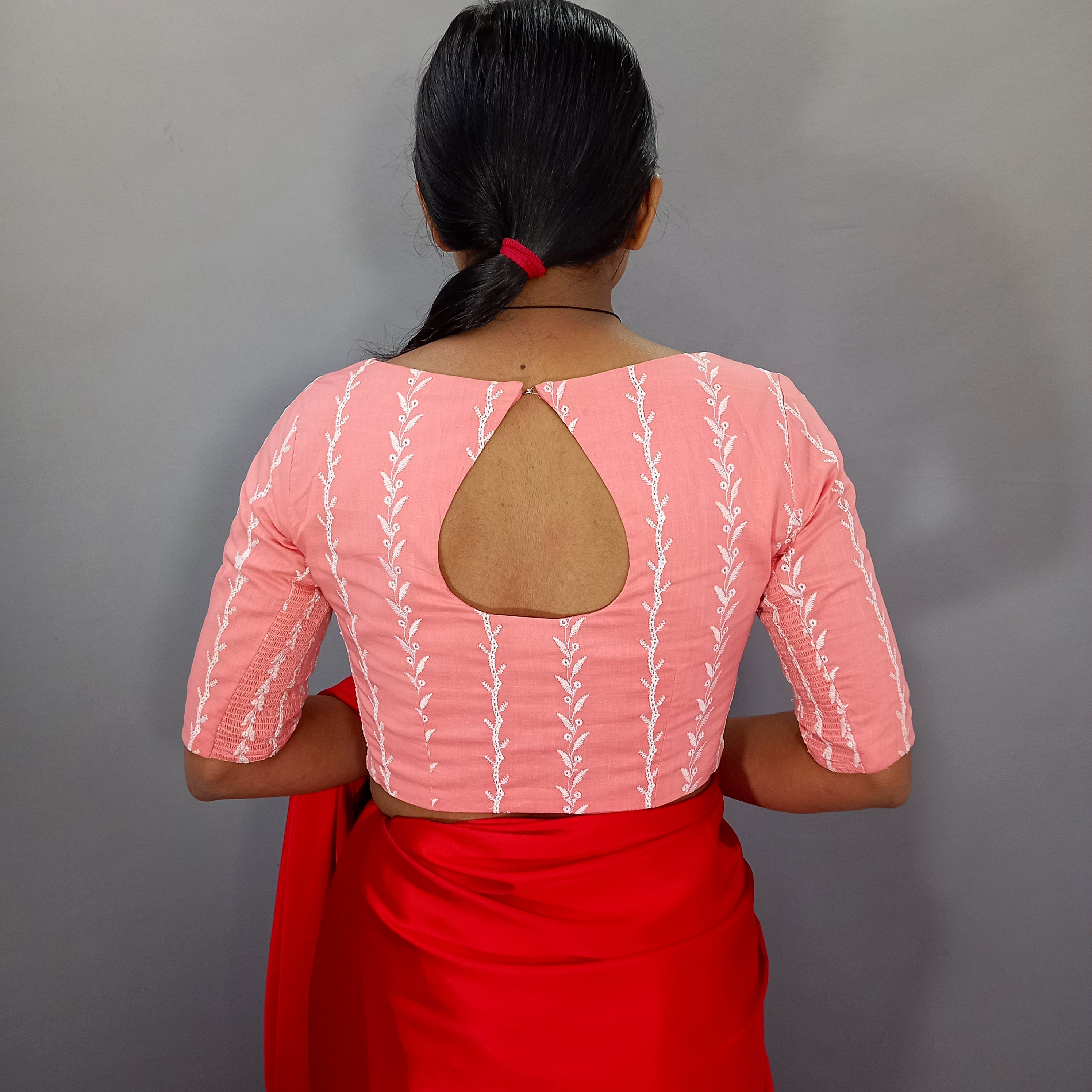 Boat Neck Pink Cotton Saree Blouse with Beautiful Floral Embroidery - StitchMe