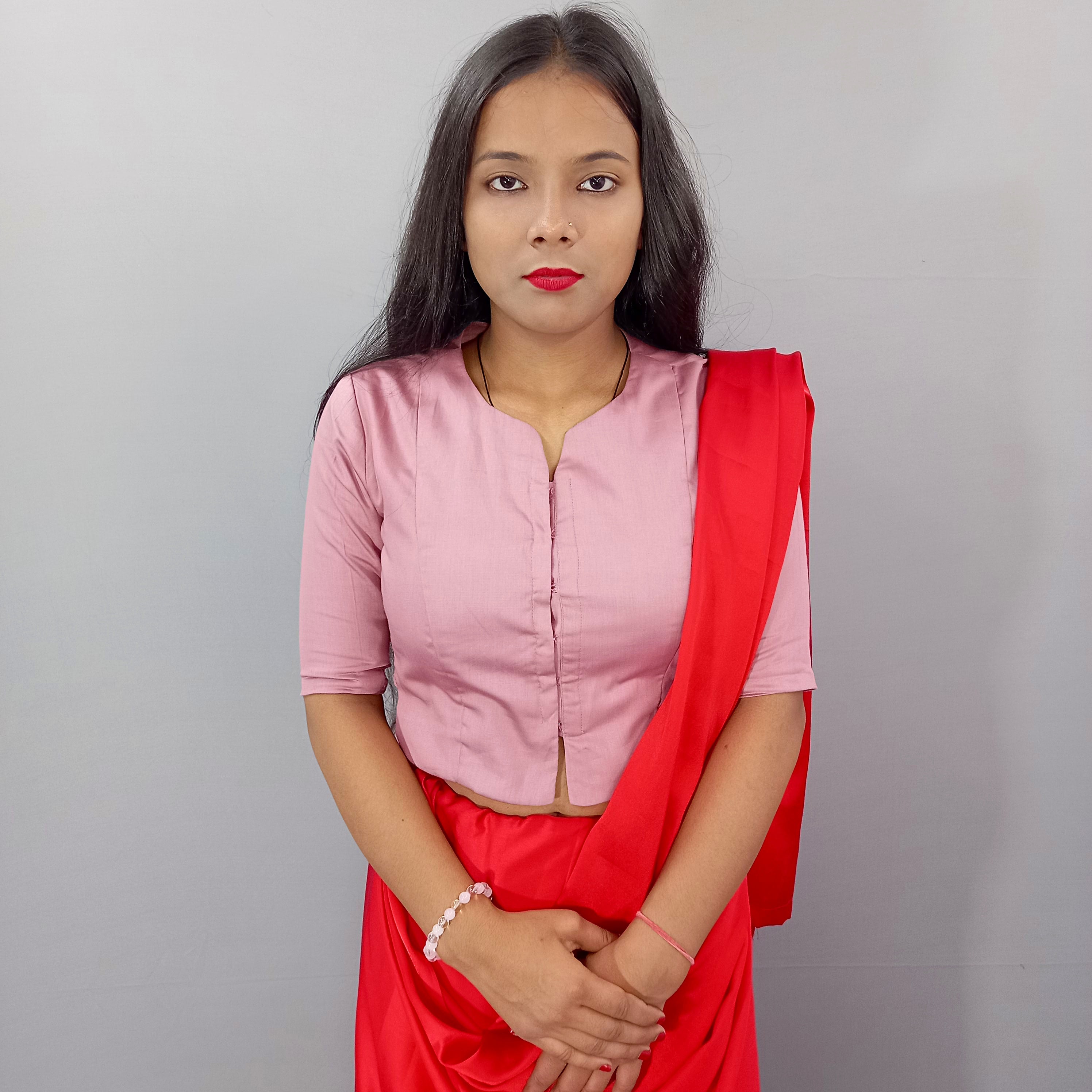 Elbow Sleeves Cotton Saree Blouse in Casual Solid Pink Long Sleeve