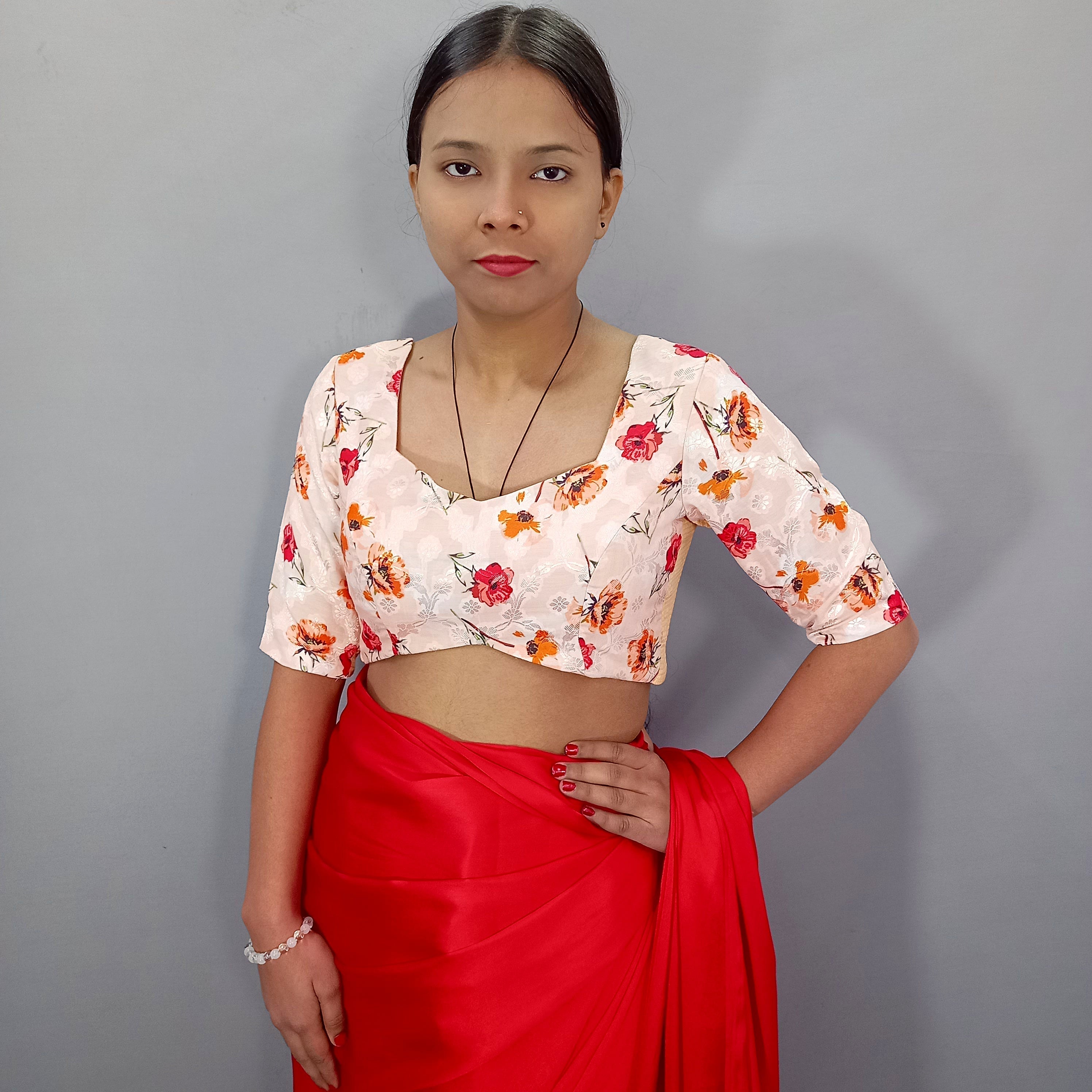 U Neck Cotton Saree Blouse in Cream with Floral Print