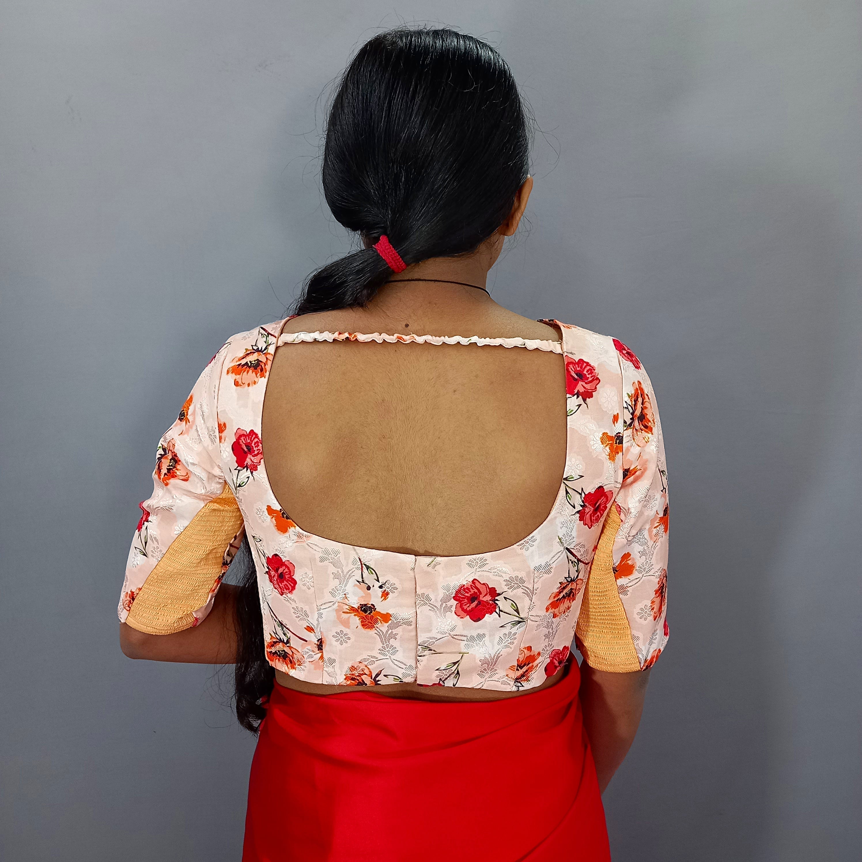 U Neck Cotton Saree Blouse in Cream with Floral Print