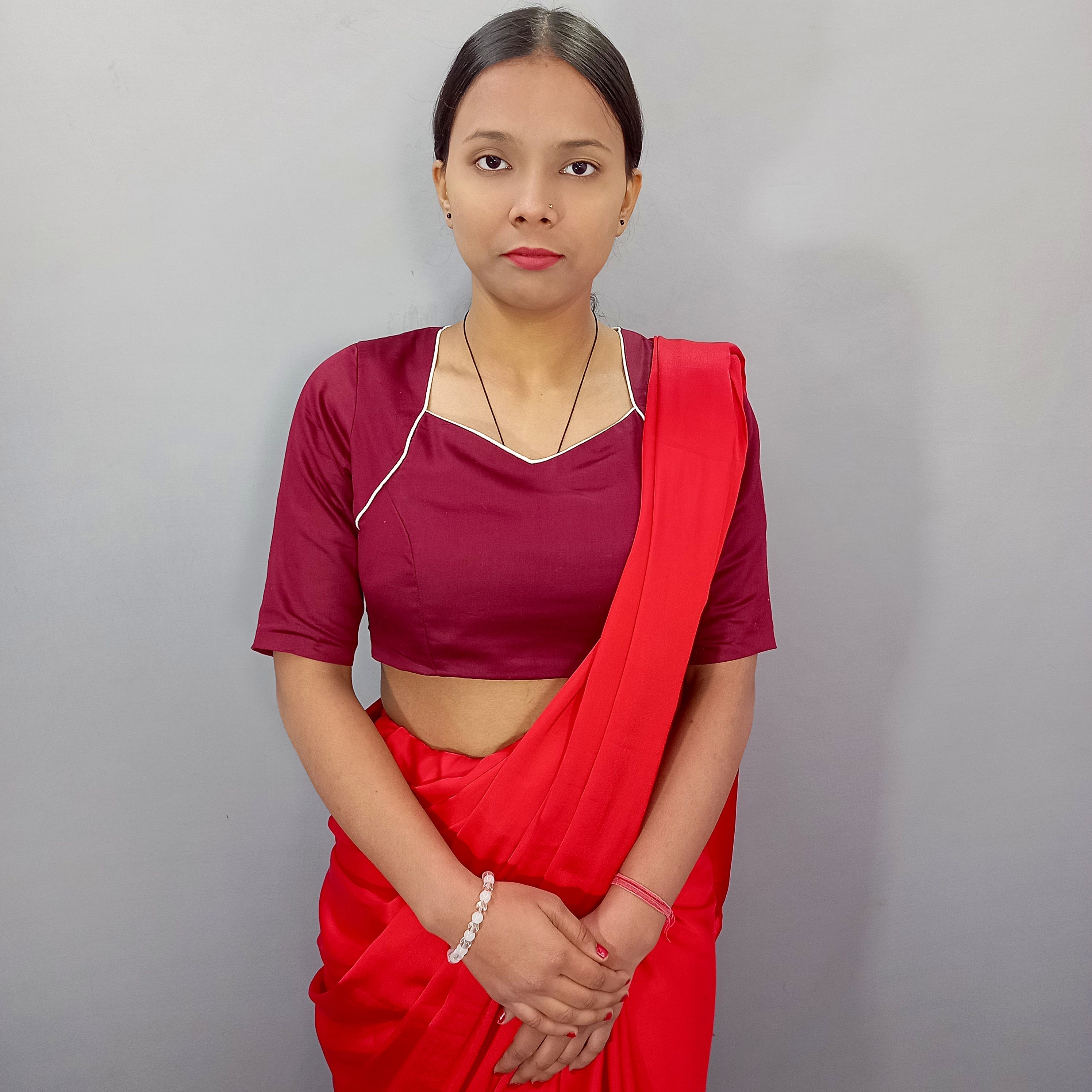 Elbow Sleeves Cotton Saree Blouse in Maroon