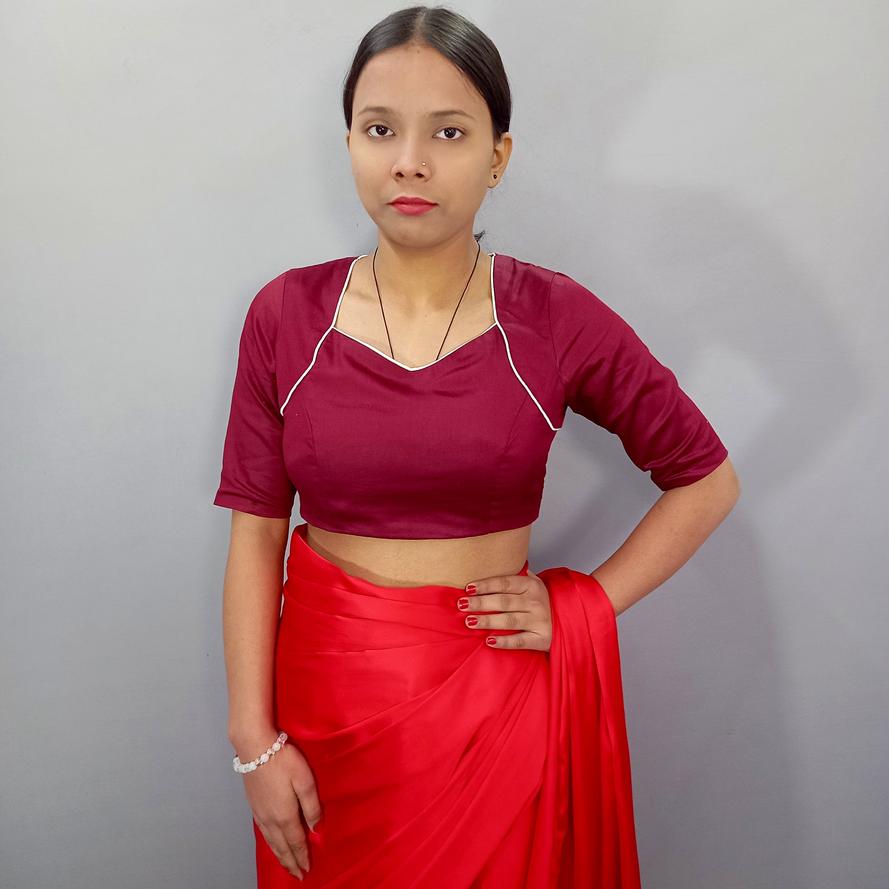 Elbow Sleeves Cotton Saree Blouse in Maroon