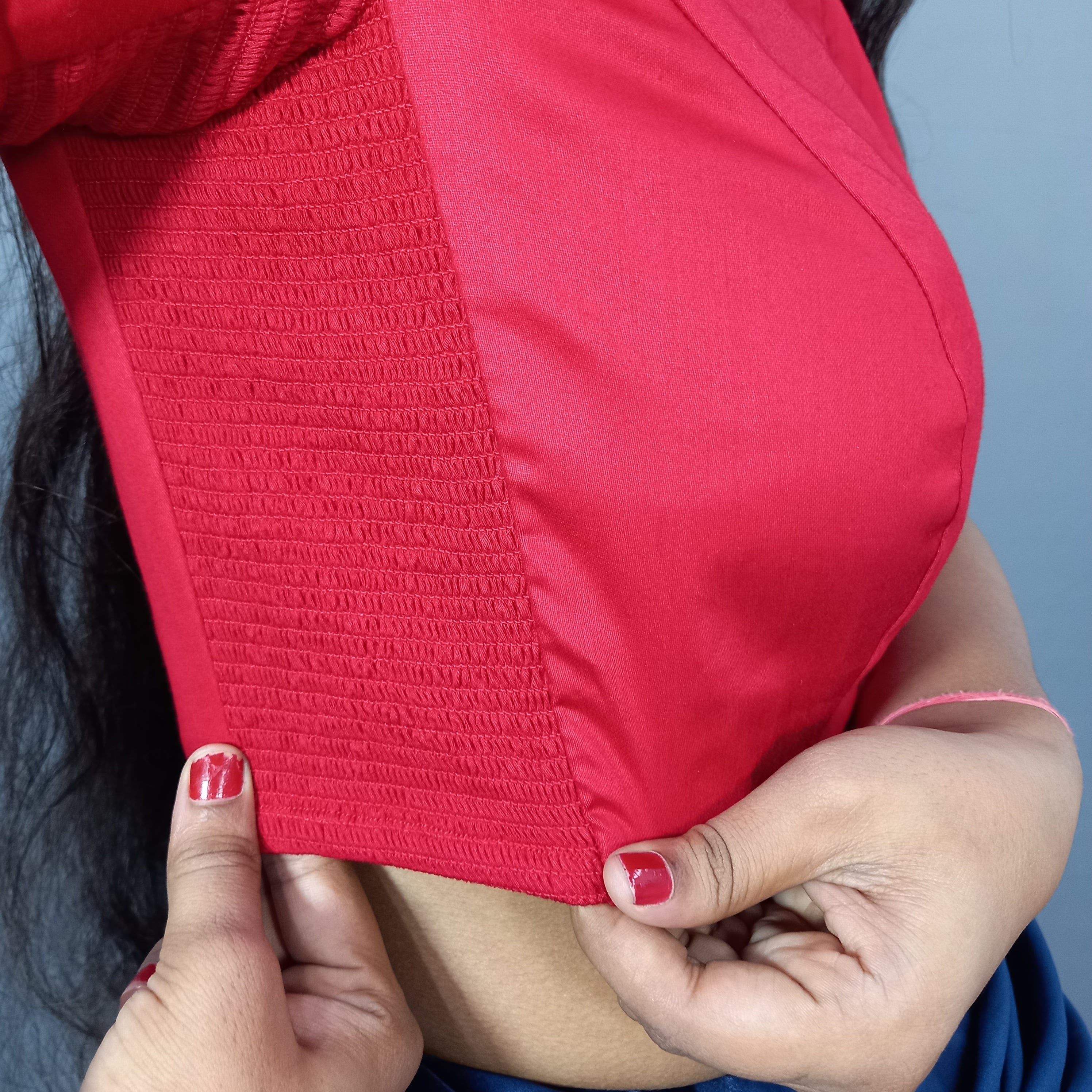 Elbow Sleeves Cotton Saree Blouse in Red